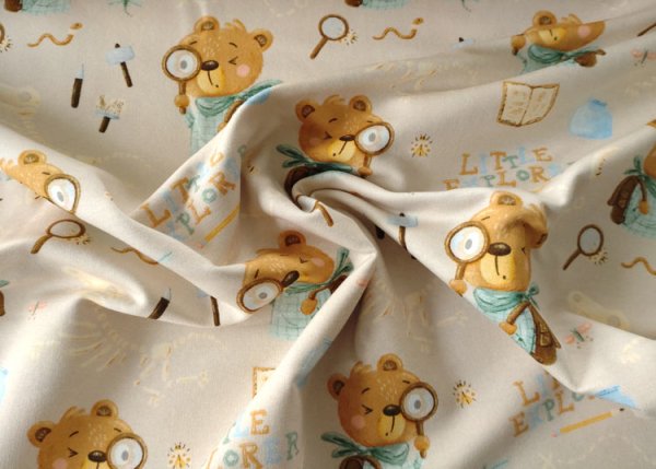 Little Explorer Hilco Sweatstoff angeraut in beige mit Bärenfiguren auf Entdeckungsreise